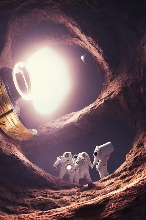 Image similar to three astronaut in flying saucer traveling through worm hole, cinematic lighting, hyperdetailed, 8 k realistic, symmetrical, global illumination, radiant light, love and mercy, frostbite 3 engine, cryengine, doff, trending on artstation, digital art, crepuscular ray