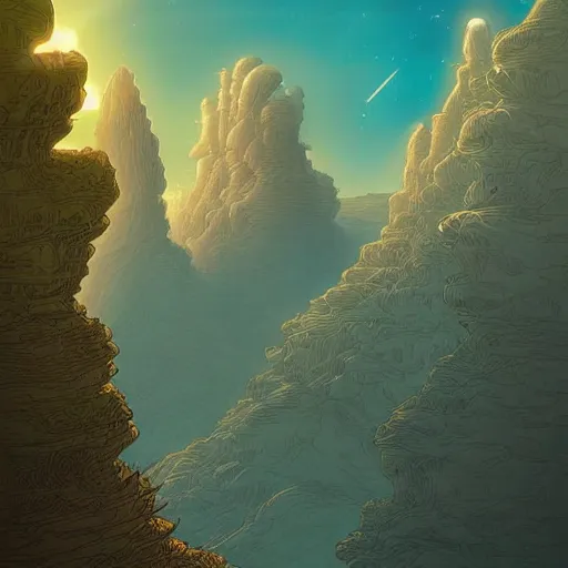 Prompt: An amazing sci-fi illustration of a beautiful landscape in the style of Jean Giraud, digital art trending on artstation