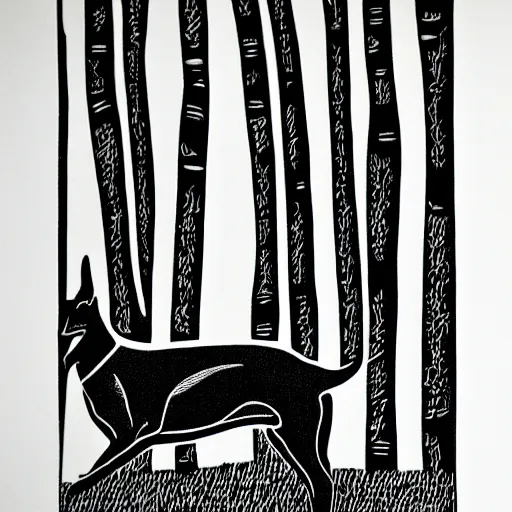 Prompt: minimalist linocut, black and white, greyhound in a forest