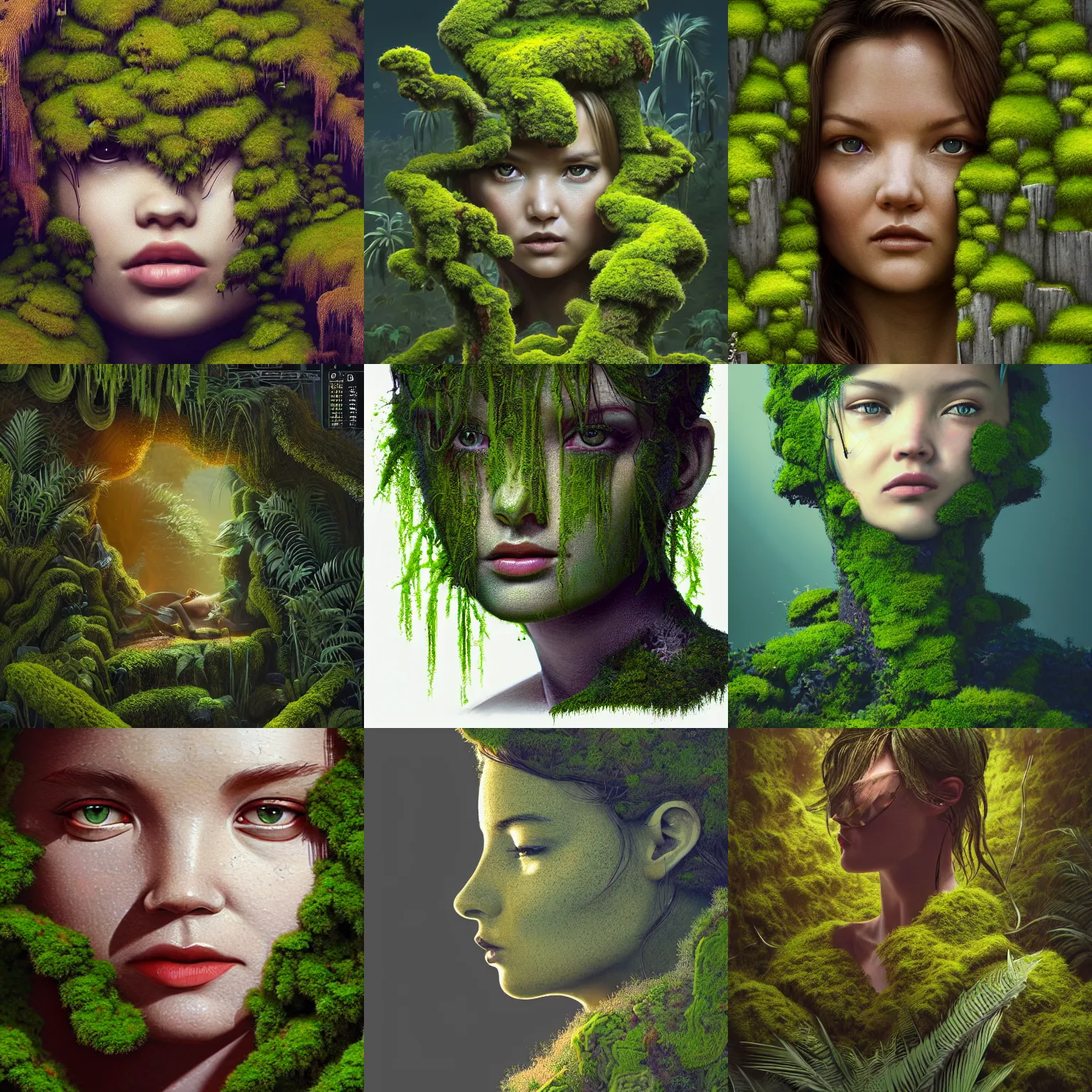 Prompt: portrait isometric drawing, printerest, close-up moss growing tropical kate moss like a mossy garden, intricate, epic lighting, cinematic composition, hyper realistic, 8k resolution, unreal engine 5, by Artgerm, tooth wu, dan mumford, beeple, wlop, rossdraws, James Jean, Andrei Riabovitchev, Marc Simonetti, yoshitaka Amano, Artstation