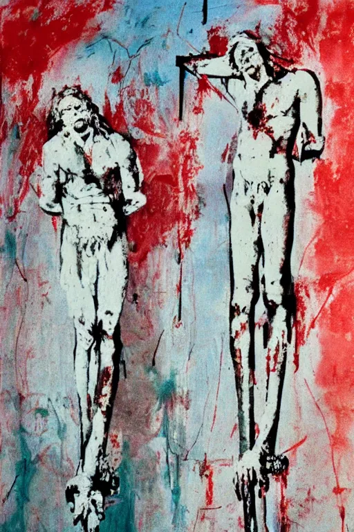 Image similar to bloody christ crucified and some bright ufo in the sky painted by cy twombly and andy warhol