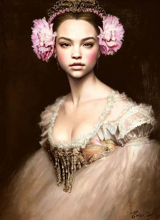 Prompt: baroque princess portrait. by casey baugh, by rembrandt, mandelbulb 3 d, carnation. intricate jordyn jones and dove cameron and margot robbie and taylor swift and megan fox and adriana lima