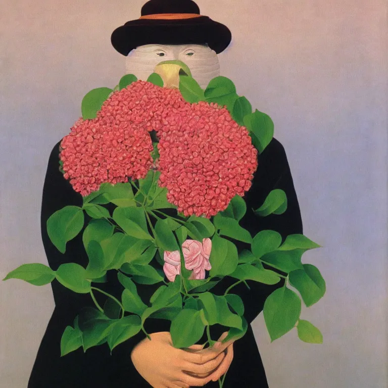 Image similar to portrait of a woman, face hidden by beautiful flower bouquet, by rene magritte, detailed painting, hd, hq, high resolution, high detail, 4 k, 8 k