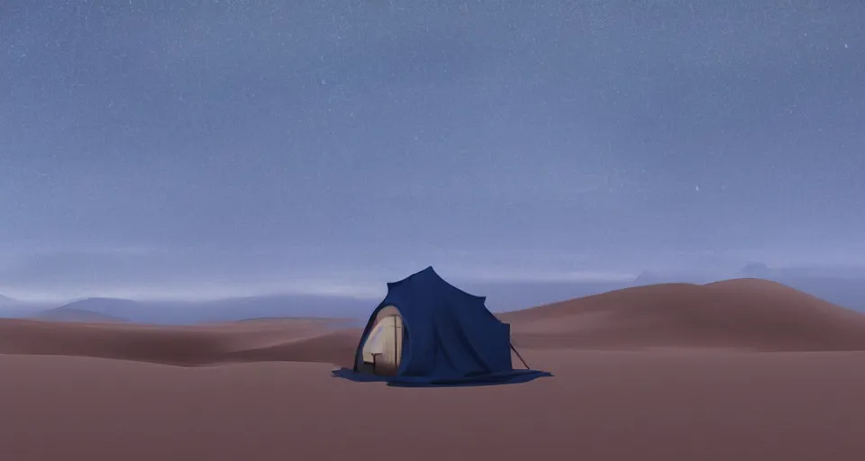 Image similar to hyper realistic matte painting of a small tent in the desert with dunes at midnight, dark blue color scheme, artstation, cgsociety