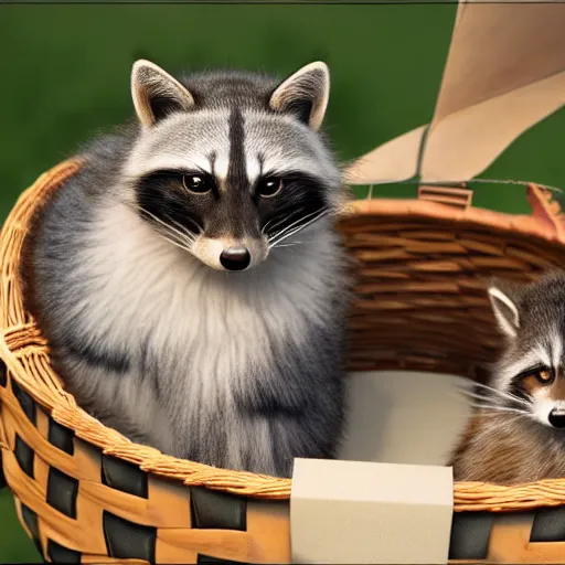 Prompt: a beautiful and realistic picture of a cat and a raccoon sitting next in a basket next to a firepit, cinematic, masterpiece, photo realistic 4K, very detailled, trending on Artstation