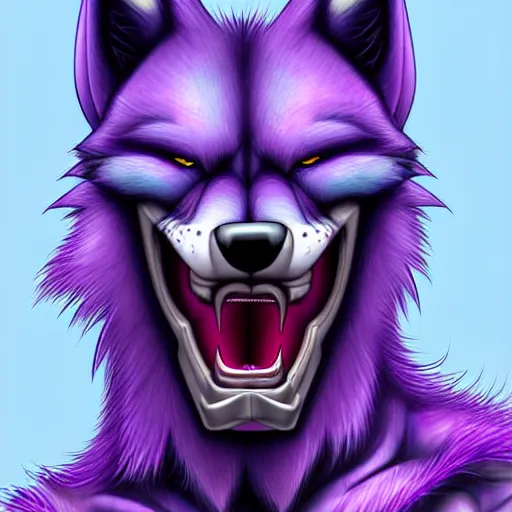 Prompt: digital art of an anthropomorphic muscular purple wolf, furry style, wearing jeans, deviant art, professional furry drawing, insanely detailed, artistic design, hyper detailed wolf - like face, doing a pose from jojo's bizarre adventure, detailed veiny muscles, exaggerated features, beautiful shading, huge spikey teeth, grinning, detailed face, colorful background