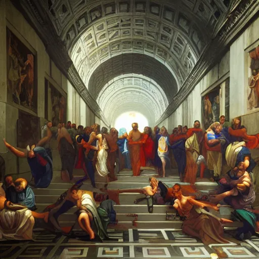 Image similar to cyberpunk the school of athens, iconic paiting, concept art, art, hyper detailed, intricate, 8 k, illustration