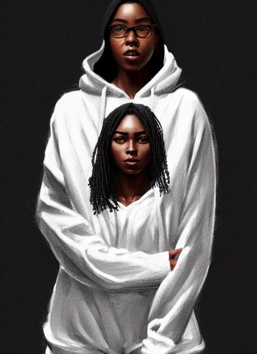 Image similar to full body portrait of young black woman as a software engineer, oversized hoodie, intricate, beautiful and elegant, highly detailed, digital painting, artstation, concept art, smooth, sharp focus, illustration, art by wlop, mars ravelo and greg rutkowski