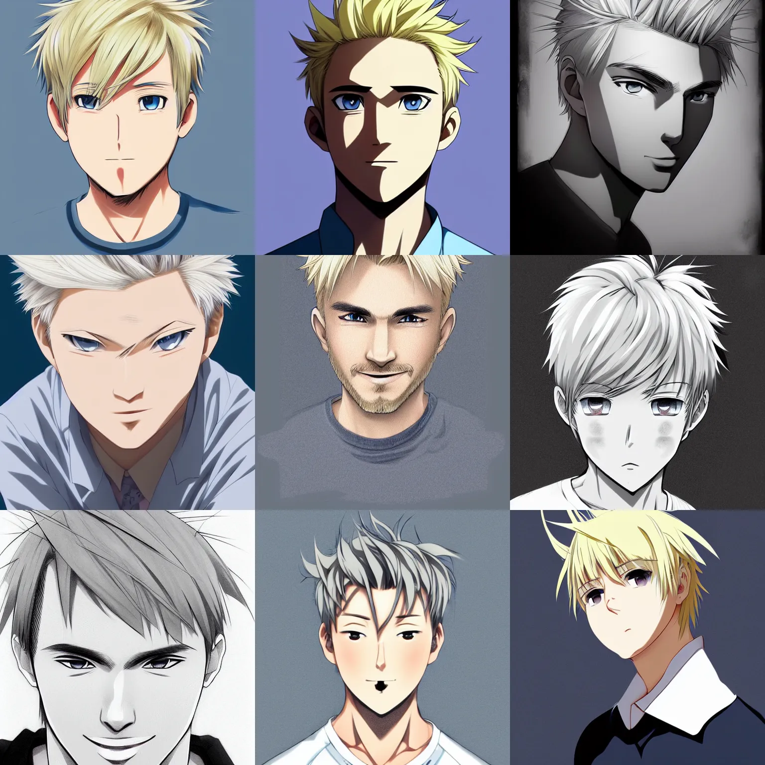Prompt: A medium shot anime portrait of a smiling anime man with very short blonde hair, light grey-blue eyes, blonde hair, short blonde and white facial hair, medium shot portrait, his whole head fits in the frame, short hair on top of his head, solid color background, flat anime style shading, head shot, 2d digital drawing by Stanley Artgerm Lau, WLOP, Rossdraws, James Jean, Andrei Riabovitchev, Marc Simonetti, and Sakimi chan, trending on artstation