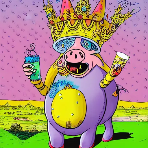 Prompt: trippy comic art of a pig wearing a gold crown eating snacks, drawn by Martin Rowson, Tim Burton, Studio Ghibli, Alex Pardee, Nekro Petros Afshar, James McDermott, colors by lisa frank, unstirred paint, vivid color, cgsociety 4K