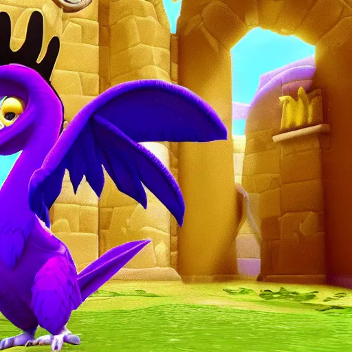 Image similar to screenshot of a humanoid anthropomorphic griffin bard with a feather in its cap as an enemy in spyro the dragon video game, with playstation 1 graphics, activision blizzard, upscaled to high resolution