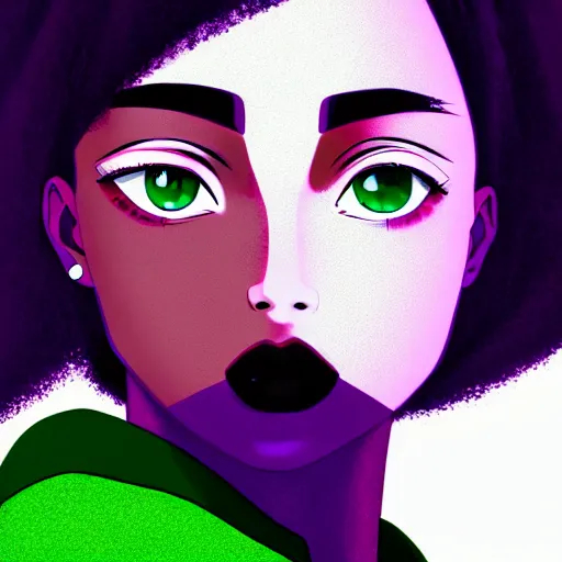 Prompt: anime poster film still portrait, young black woman, black black black woman, purple colored eyes, purple colored eyes, white french bob, green colored bomber jacket, detailed facial features, dynamic pose,, rimlight, cel shaded, 4 k