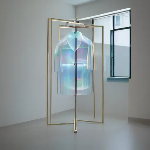 Prompt: an ultra high definition professional studio quality photograph of a transparent iridescent perspex pastel coloured raincoat sculpture on white coat hook in an empty white room. dramatic lighting, ray tracing, refraction, shallow d. o. f, colour corrected, golden ratio, three point light. volumetric shadows. god rays.