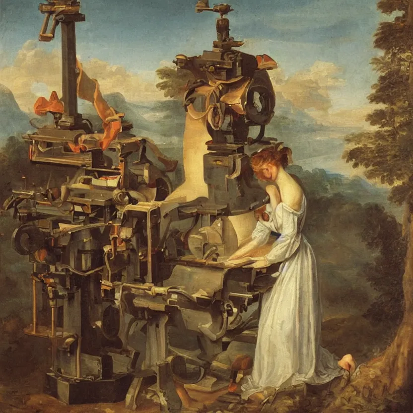 Image similar to romantic era painting of a machine killing the concept of art