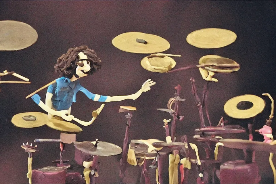 Image similar to a claymation film still of a curly long hair drummer playing the drum set. claymation by bruce bickford