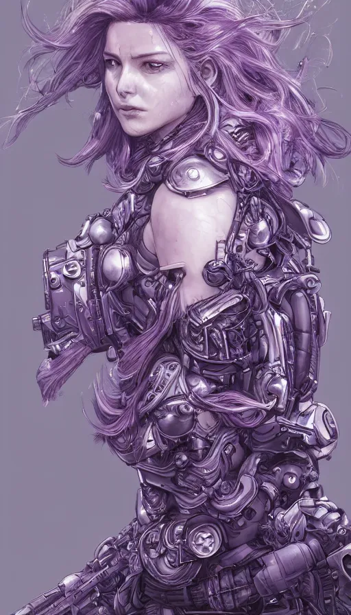 Image similar to close facial portrait of a pale woman in power armor with flowing purple hair, elegant, stoic, intense, ultrafine hyperdetailed illustration by kim jung gi, irakli nadar, intricate linework, sharp focus, bright colors, octopath traveler, final fantasy, hearthstone, highly rendered, global illumination, radiant light, detailed, intricate environment