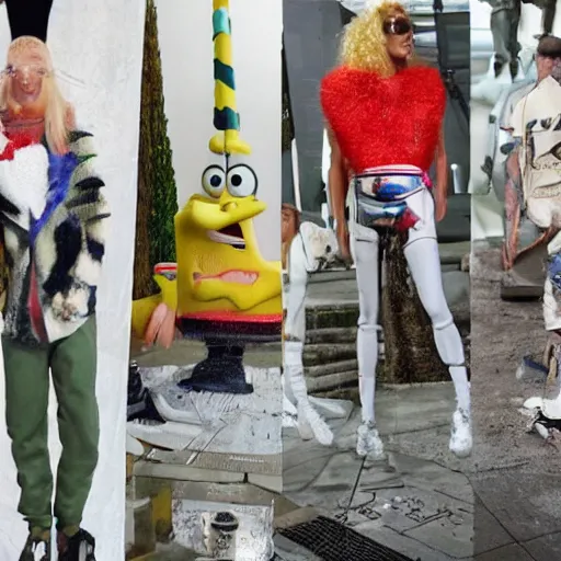 Prompt: Spongebob in real life wearing Rick Owens clothing, avant garde fashion look and clothes, outfit photograph, trending on r/Streetwear