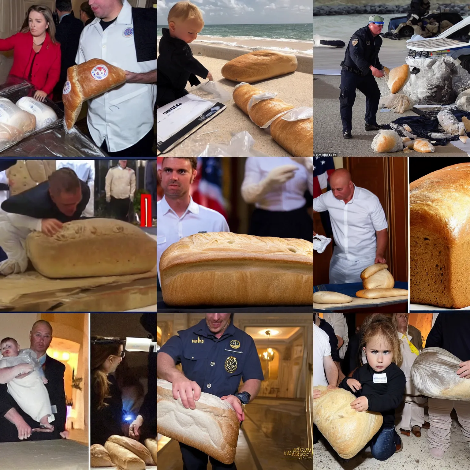 Prompt: baby seal agent disguised as a loaf of bread seizes nuclear documents from club mar - a - lago, explosions everywhere, high quality realistic news camera footage