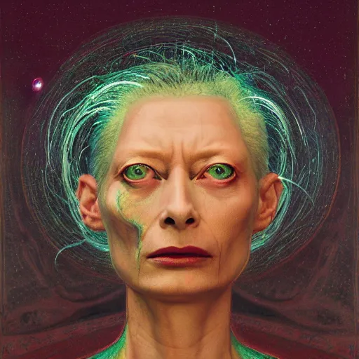 Prompt: Woman masterpiece, Tilda Swinton, bald, multiple halos, blood dripping down the head, yellow, galaxies in the background, golden halo behind her head, wires everywhere, by Edgar Maxence and Ross Tran, Zdzisław Beksiński, and Michael Whelan, gustav dore, H.R. Giger, 8k, octane render