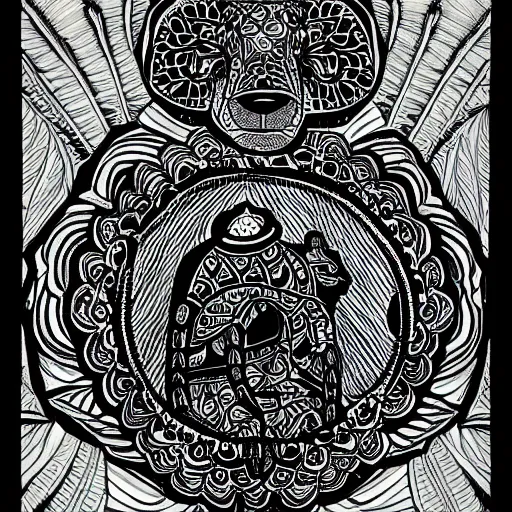 Prompt: detailed, black and white, a bear surrounded by lotus flowers and geometry