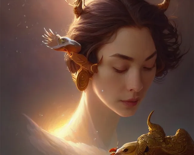 Image similar to a puzzled goose trying to find inner peace, deep focus, d & d, fantasy, intricate, elegant, highly detailed, digital painting, artstation, concept art, matte, sharp focus, illustration, hearthstone, art by artgerm and greg rutkowski and alphonse mucha