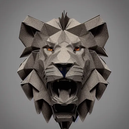 Image similar to origami lion made of wood, symmetrical, photorealistic, octane render, intricate, highly detailed