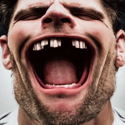 Prompt: full face portrait photograph of scary extremely handsome white man absolutely deranged, his teeth bared, his eyes bulging out, shot from below, 12 MP