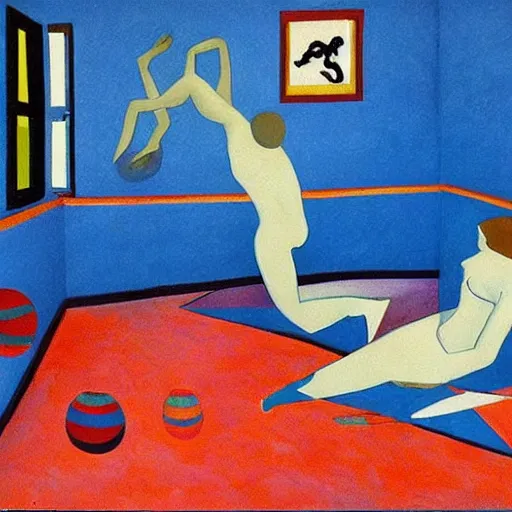 Image similar to different parts of human bodies lie in different places of the blue room, in style of mihail larionov, avant - garde.