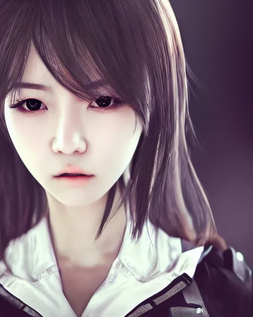 Prompt: official hd photo portrait of kpop idol girl closeup tired and angry by squareenix trending on artstation Flickr depth of field cinematic backlit smoke noir technoir detailed