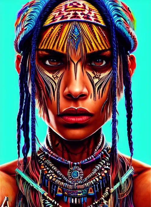 Image similar to portrait of zoe kravitz, hyper detailed ultra sharp aztec shaman warrior. trending on artstation, warpaint aesthetic, bloodwave, colorful, psychedelic, ornate, intricate, digital painting, concept art, smooth, sharp focus, illustration, art by artgerm and greg rutkowski and h. r. giger, 8 k