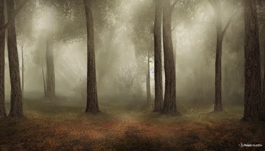 Image similar to a dark gloomy foggy forest with a doorframe that is a portal to a fantasy landscape, high quality rendering, digital art