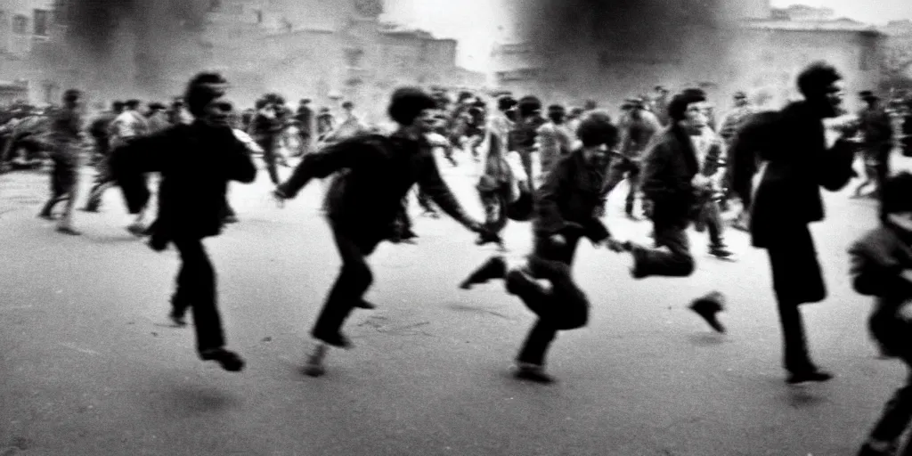 Image similar to street photography, revolution, street, city, blurred people running from tanks, closeup, film photography, 1 9 8 0 s, exposed b & w photography, robert capa photography, henri cartier - bresson photography