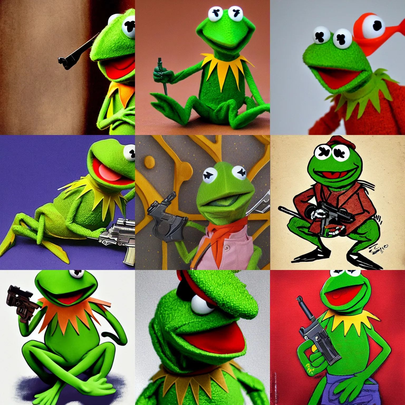 Prompt: kermit the frog holding a pistol, highly detailed