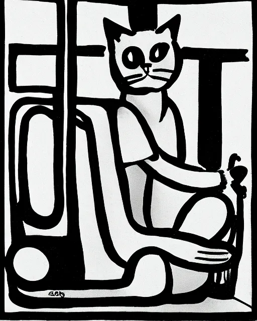 Prompt: a cat seated on the subway, sitting with legs crossed, cross-legged. Minimalist with a White background. New Yorker cartoon. B&W. Black and white.