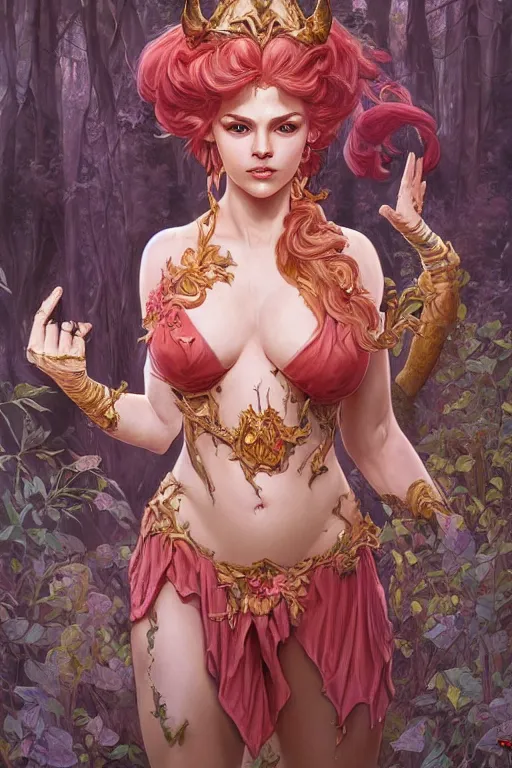 Image similar to portrait of princess peach as a herculian demon woman, forest, full body, muscular, fantasy, intricate, elegant, highly detailed, digital painting, artstation, concept art, sharp focus, illustration, art by artgerm and greg rutkowski and alphonse mucha