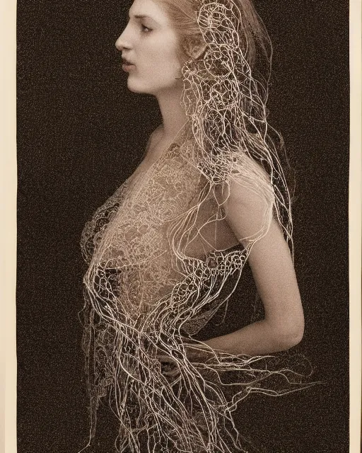 Image similar to a woman's face in profile, long flowing hair entwined in intricate decorative lace leaf skeleton, in the style of the dutch masters and gregory crewdson, dark and moody