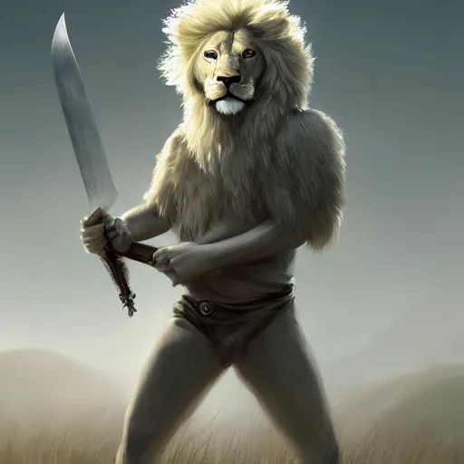 Image similar to commission of a male anthropomorphic albino lion holding a sword,digital art,art by greg rutkowski,trevor henderson,ross tran,photorealistic,hyperdetailes,highly realistic,natural lighting,deviantart,artstation,dramatic,cinematic,4k,western comic style