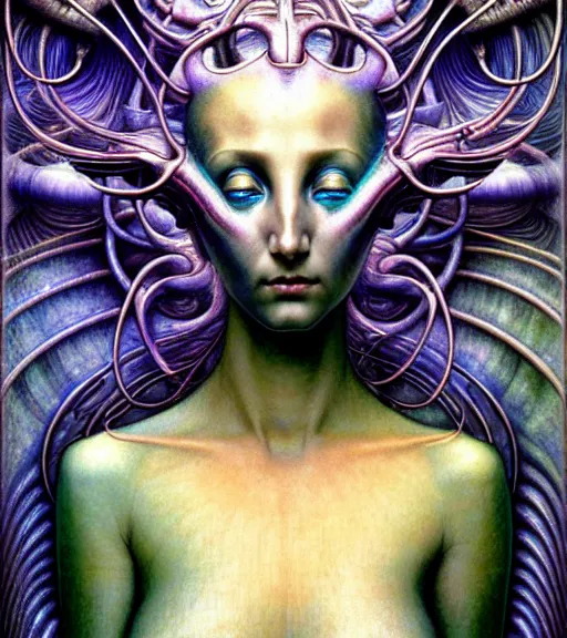 Image similar to detailed realistic iridescent beautiful young cher alien robot as queen of mandelbulb portrait by jean delville, gustave dore and marco mazzoni, art nouveau, symbolist, visionary, baroque. horizontal symmetry by zdzisław beksinski, iris van herpen, raymond swanland and alphonse mucha. highly detailed, hyper - real, beautiful