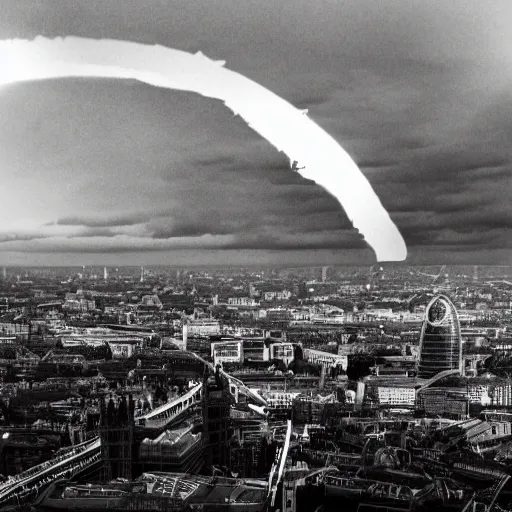 Image similar to London under attack by UFOs, Second World War, black and white