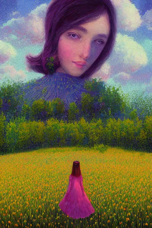 Image similar to girl with huge flower as a face, standing in a flower field, big trees, sunrise dramatic light, impressionist painting, colorful clouds, digital painting, pointillism, artstation, simon stalenhag