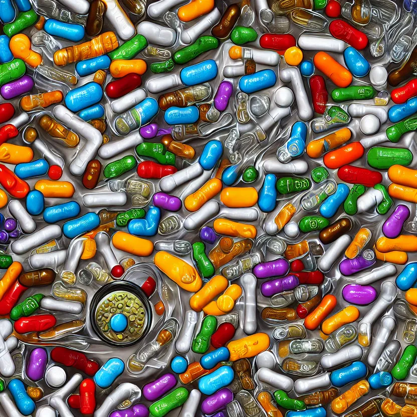 Prompt: a photorealistic detailed superzoom image of pills floating in the oil can, spiritualism, wordly, utopian, triumphant, cinematic, epic, grandiose, unhinged, biology, surrealistic, by jason felix, dan mumford, kinkade, lisa frank, lois van baarle, ross tran, wpa, public works mural, orthodoxy