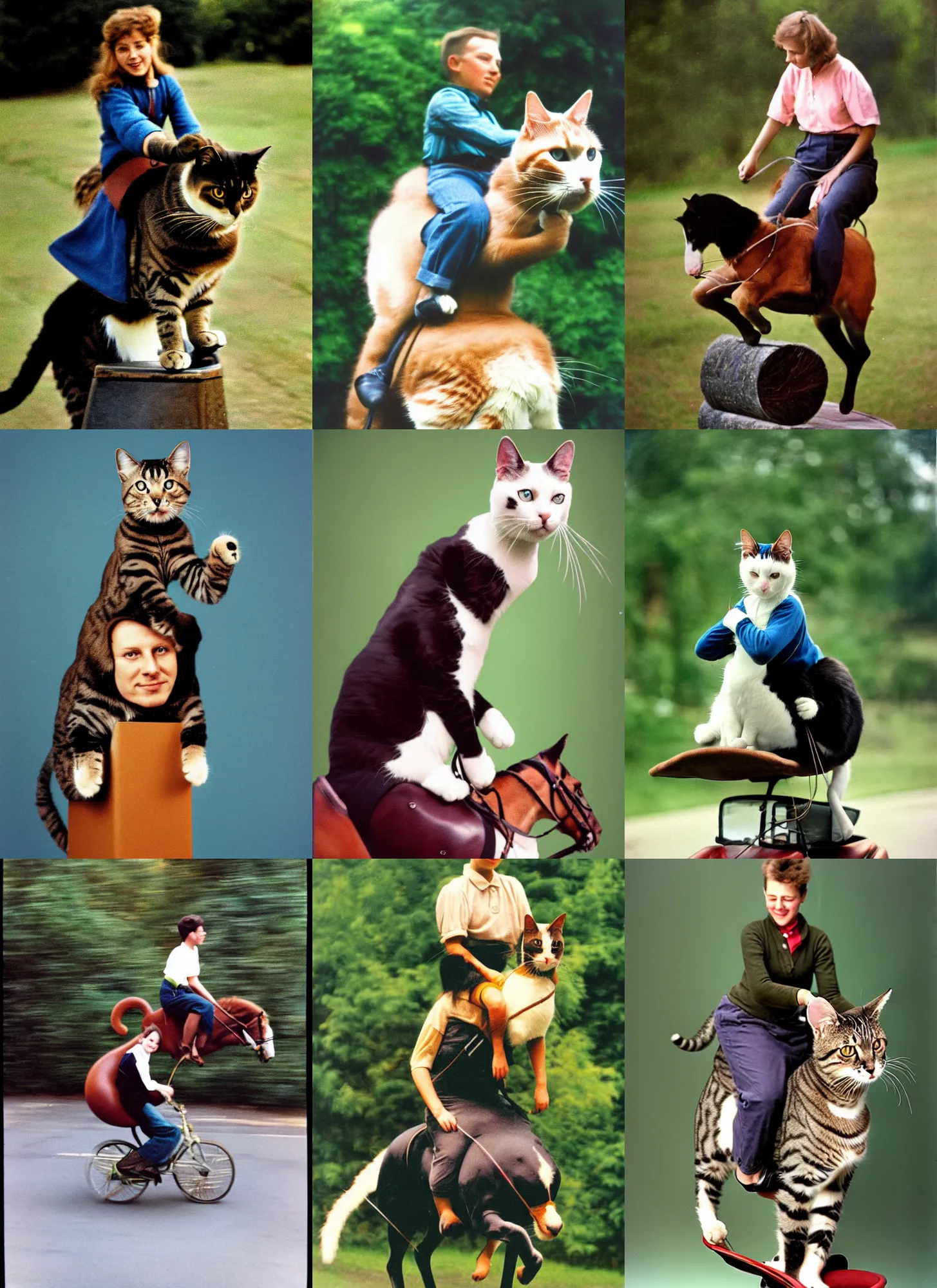 Prompt: a person riding a cat ; 9 0's professional color photograph