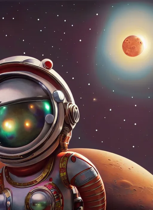 Image similar to highly detailed closeup, portrait of a tin toy bikini spacegirl in a spaceship on mars, unreal engine, nicoletta ceccoli, mark ryden, earl norem, lostfish, global illumination, detailed and intricate environment