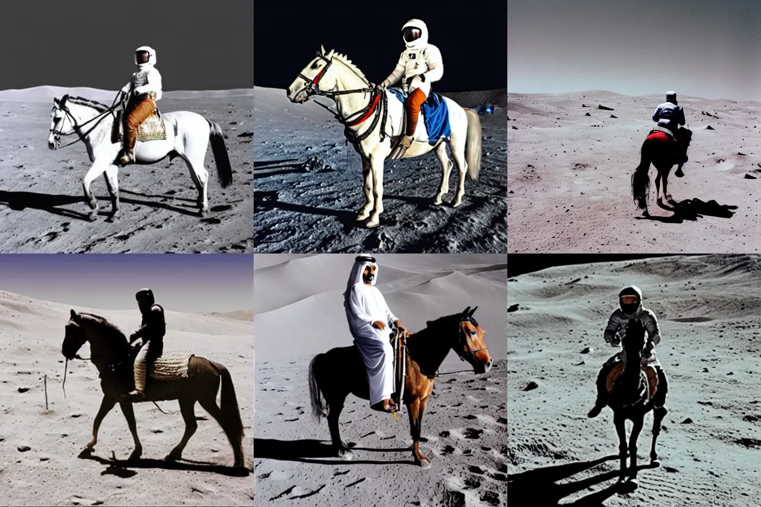 Prompt: an arab man riding a horse on the moon