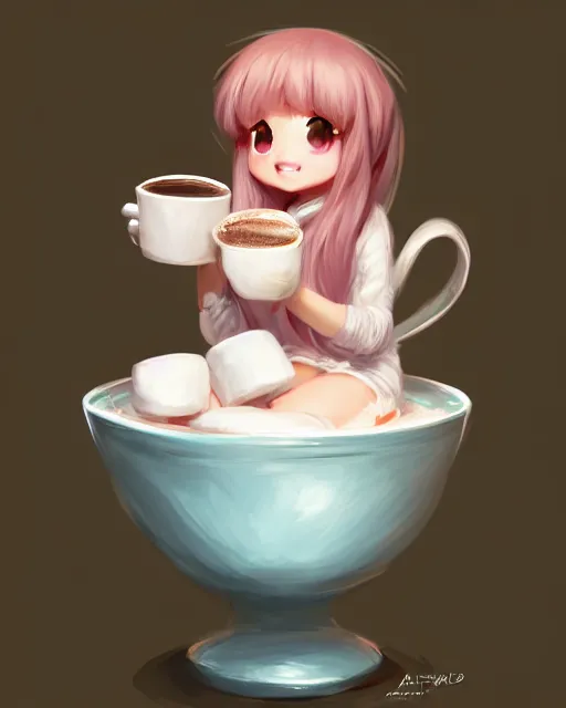 Image similar to concept art of a marshmellow girl creature, sitting in a cup of hot cocoa | | cute - fine - fine details by stanley artgerm lau, wlop, rossdraws, and sakimichan, trending on artstation, brush strokes