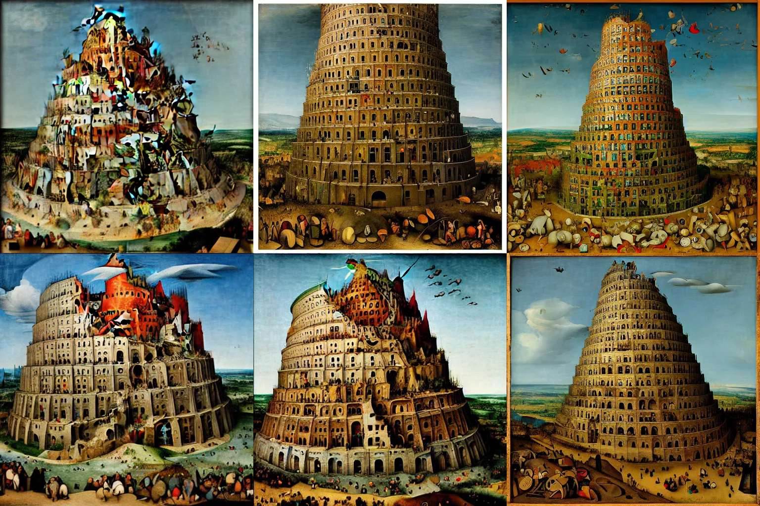 Prompt: “toter recycle bin tower of babel, painting by Pieter Bruegel the Elder, oil glaze, sfumato, 8k”