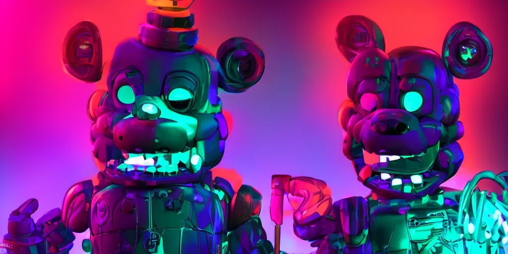 Prompt: fnaf freddy, cyberpunk, rgb, neon, hd, cinematic,