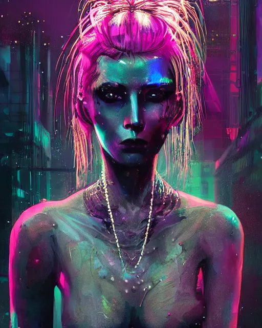 Image similar to portrait of Punk girl, standing hair line, chains, pierced, tattoed Sheen Holographic Futuristic sci-fi fashion cyberpunk, (neotokyo), synthwave, (aesthetics), futuristic, bladerunner movie scene by ismail inceoglu dragan bibin hans thoma greg rutkowski Alexandros Pyromallis Nekro Rene Margitte illustrated Perfect face, fine details, realistic shaded, fine-face, pretty face ((sharp chine))