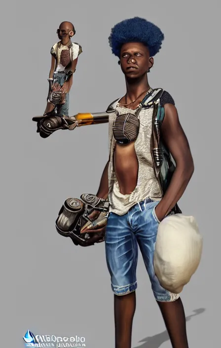 Prompt: [ african 1 4 year old male teen ]! with an [ [ afro ]!, white tank top, and blue jeans ]!, matte painting!, afrofuturism! art style, trending on [ artstation ], award winning, intricate, [ full - body ]!, cgsociety contest winner, zbrush!, 3 d render