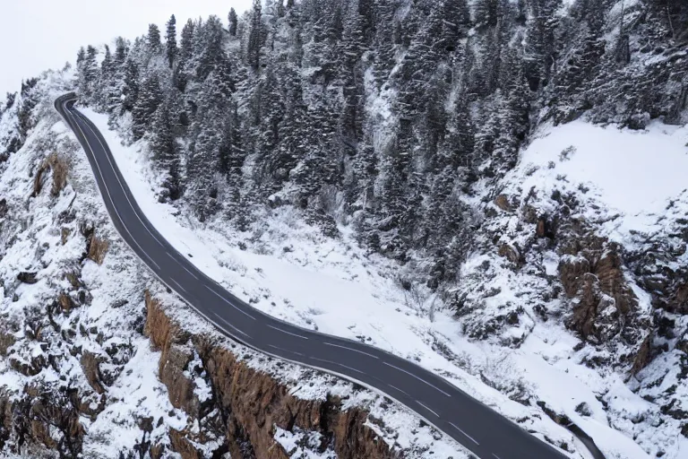 Image similar to a dangerous winding road route on an icy snowy cliff edge, blizzard, photo